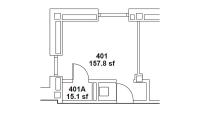 Layout of Room 401 in 50 Haven Avenue (Bard Hall), showing the dormitory-style bedroom and attached bathroom.